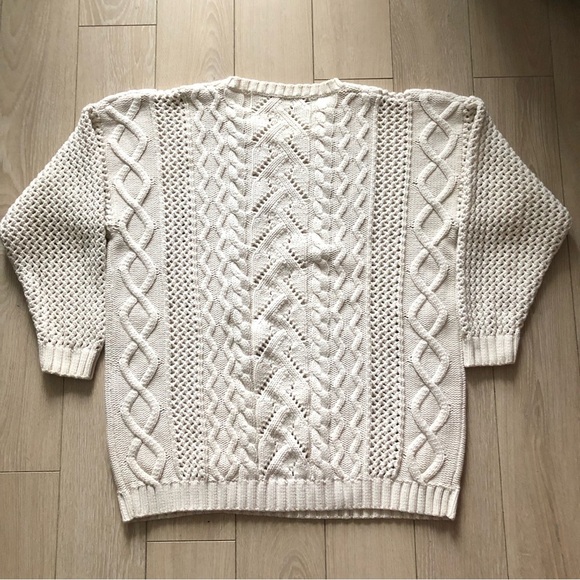 Hand Knit Cable Knit Drop Shoulder Lace Detailed Sweater in White - Picture 3 of 10